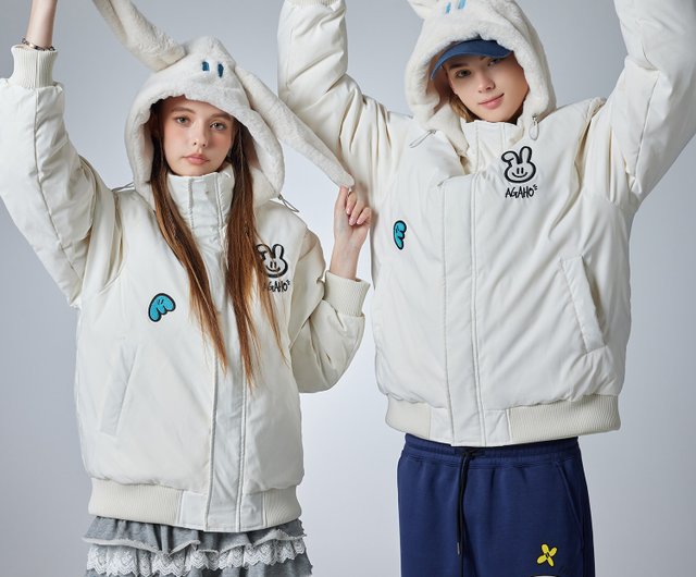 白いウサギ耳取り外し可能フード付きカップルダウンジャケット冬暖かい