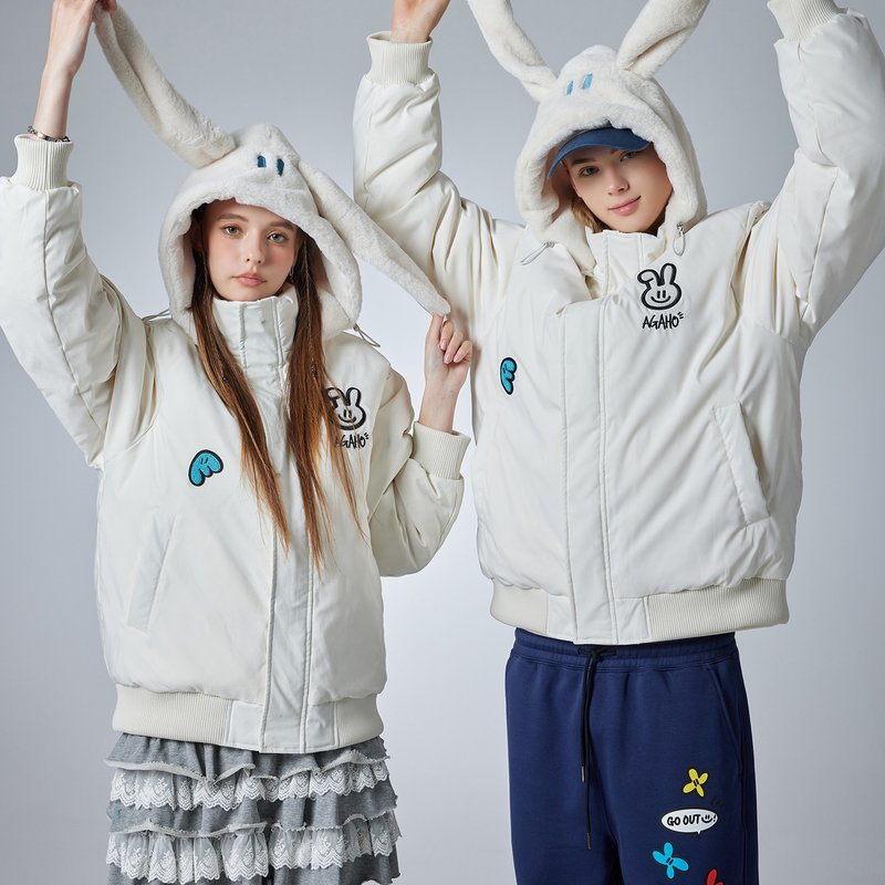 White rabbit ears removable hooded couple down jacket winter warm coat - เสื้อแจ็คเก็ต - เส้นใยสังเคราะห์ 