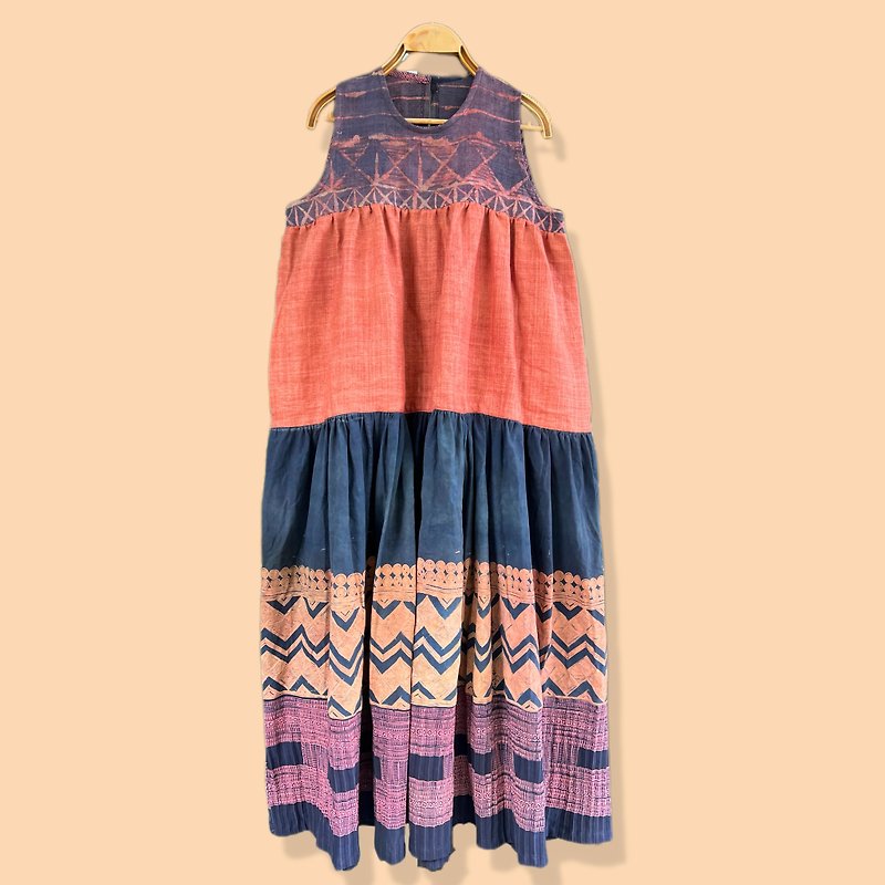 Layered Hand woven Hemp Dress with vintage Batik Hmong hill tribe - One Piece Dresses - Cotton & Hemp Pink