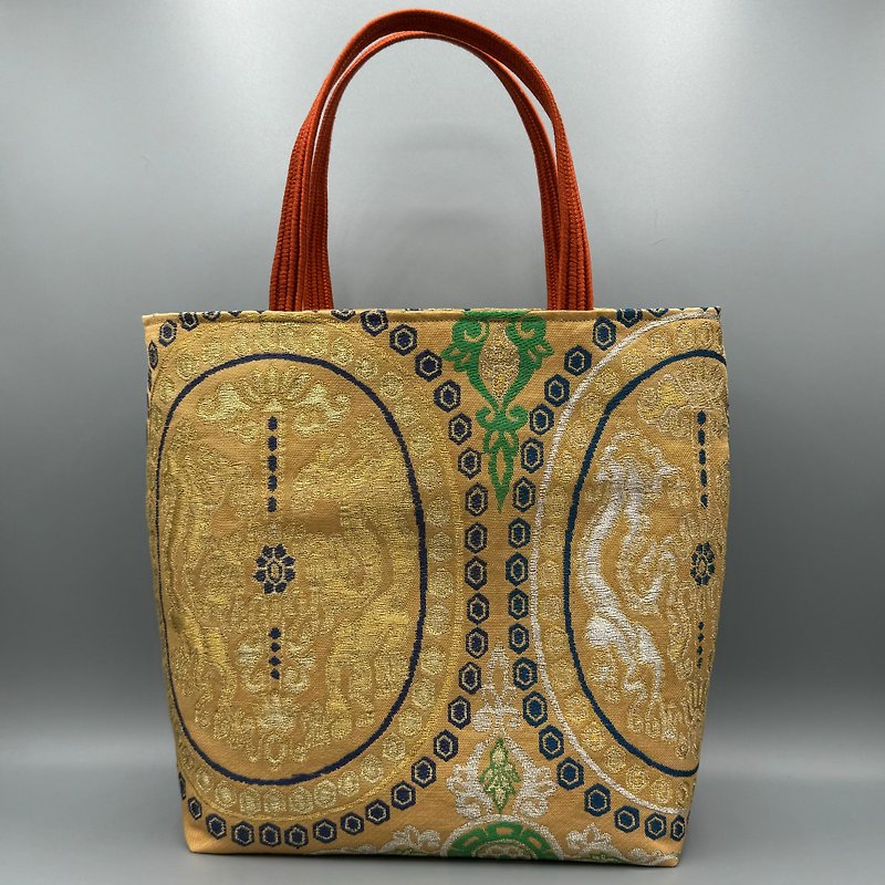 Kimono Obi Obijime Remake Tote bag - กระเป๋าถือ - ผ้าไหม สีทอง