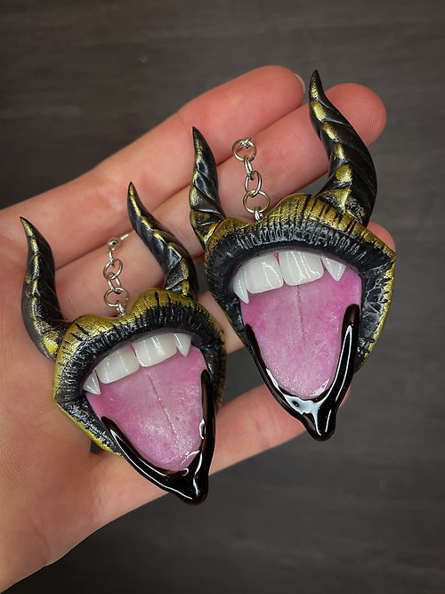 Polymer Diary Earrings. Black lips with horns.