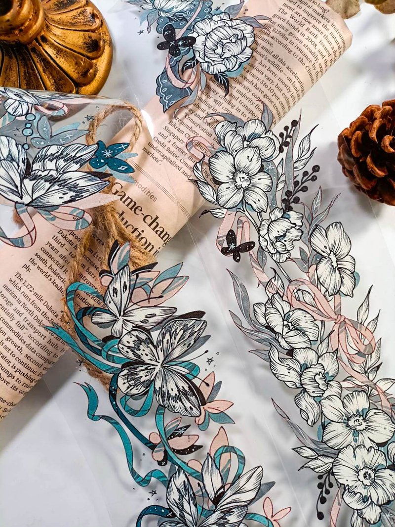 WF743復古花蝶vintage flower butterfly/ 紙膠帶 Masking Tape - 紙膠帶/和紙/PET - 塑膠 多色