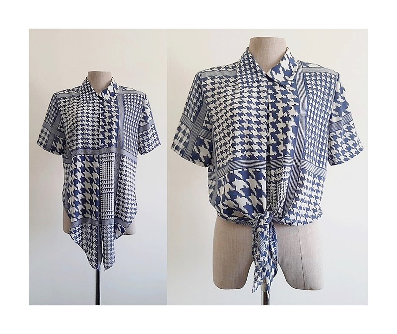 Vintage White Blue Houndstooth Print Blouse - Women's Tops - Polyester Blue