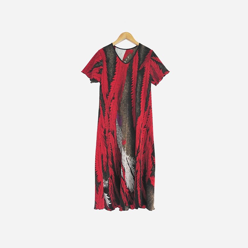 脫臼古著 / 印花植物細條洋裝no.864 vintage - 連身裙 - 聚酯纖維 紅色