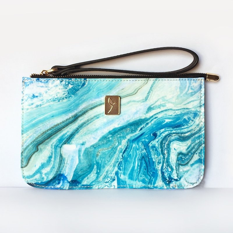 Blue abstract marble pattern long mobile phone bag coin purse casual portable hand bag - กระเป๋าใส่เหรียญ - ไนลอน 