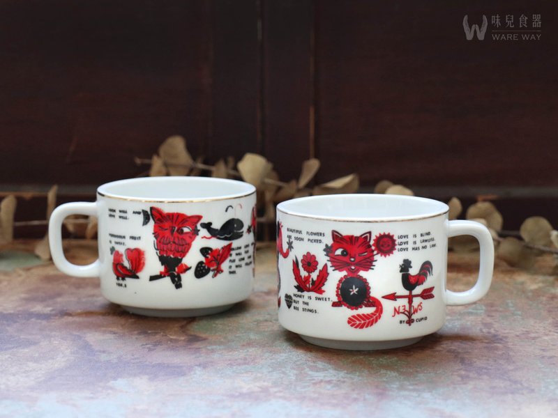早期印花厚實咖啡杯－動物兒歌 (餐具/舊物/老件/大同/陶瓷) - 咖啡杯/馬克杯 - 陶 紅色