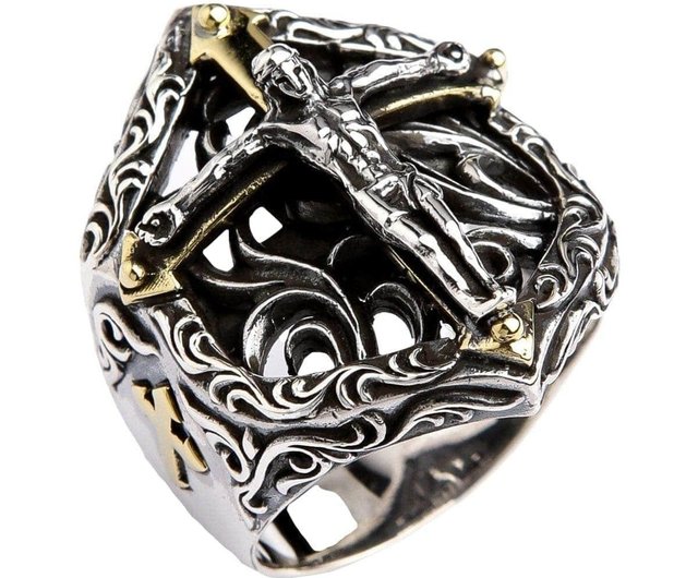 十字架バイカーリング – 925スターリングシルバーおよびゴールド