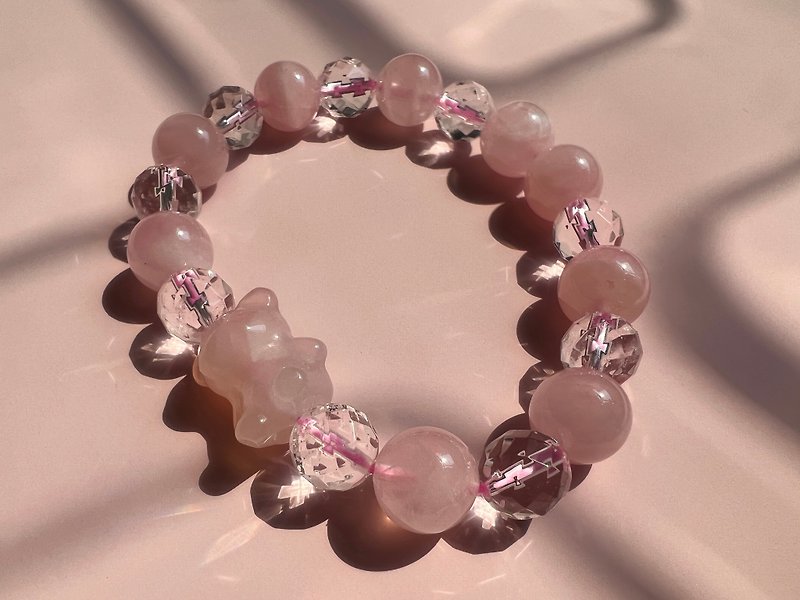 粉晶白水晶瑪瑙小熊設計款手鏈 - 手鍊/手鐲 - 水晶 粉紅色