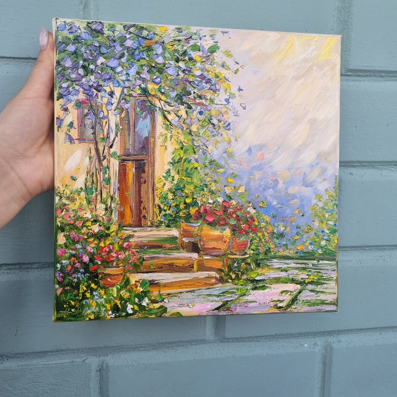 House flower oil paintings Original Art Provence artwork - ตกแต่งผนัง - ผ้าฝ้าย/ผ้าลินิน สีส้ม