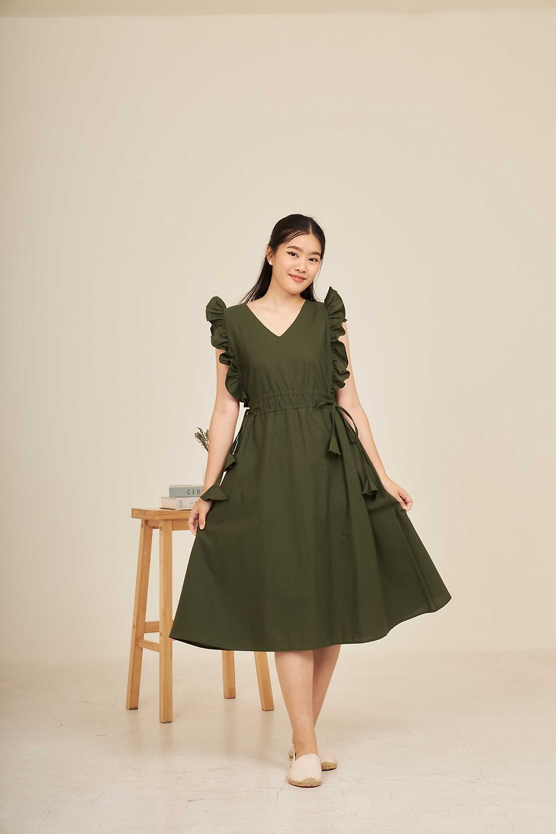 牛津棉無袖綁帶長洋裝  - ALLURE : 綠色 - 連身裙 - 棉．麻 綠色
