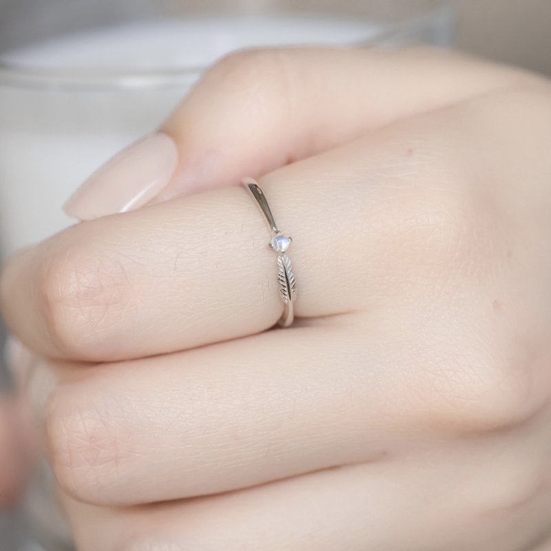 Moonstone 925 Sterling Silver Feather Small Gemstone Ring Adjustable Ring - General Rings - Gemstone Blue