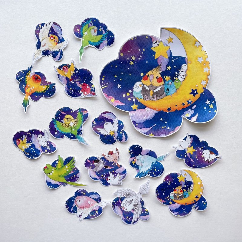 Rolia's Handmade Flying Starry Sky/Parrot/Bird Waterproof Transparent White Ink Sticker - สติกเกอร์ - กระดาษ หลากหลายสี