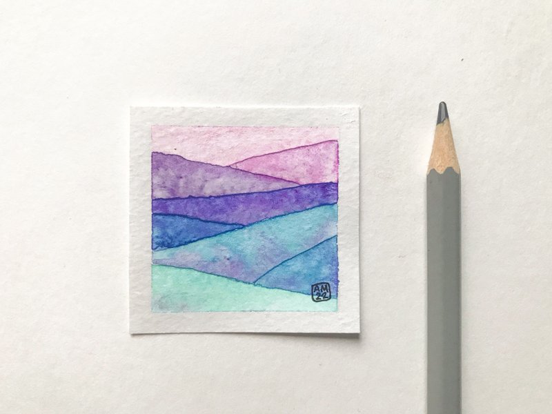 Original tiny watercolor painting Miniature small art Mini art 2 x 2 inches - ตกแต่งผนัง - กระดาษ สึชมพู