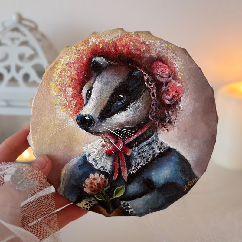 Badger original painting, Badger decor, Animal vintage portrait, Fairy art - 壁貼/牆壁裝飾 - 棉．麻 多色
