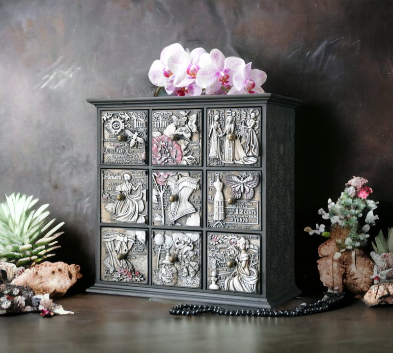 Large desktop wooden cabinet with 9 floral print drawers Handmade - 居家收納/收納盒/儲物盒 - 木頭 黑色