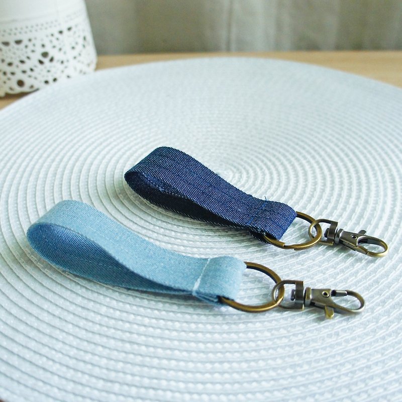 Lovely【Denin Denim】Pure Color Hook Key Ring - Lanyards & Straps - Cotton & Hemp Blue