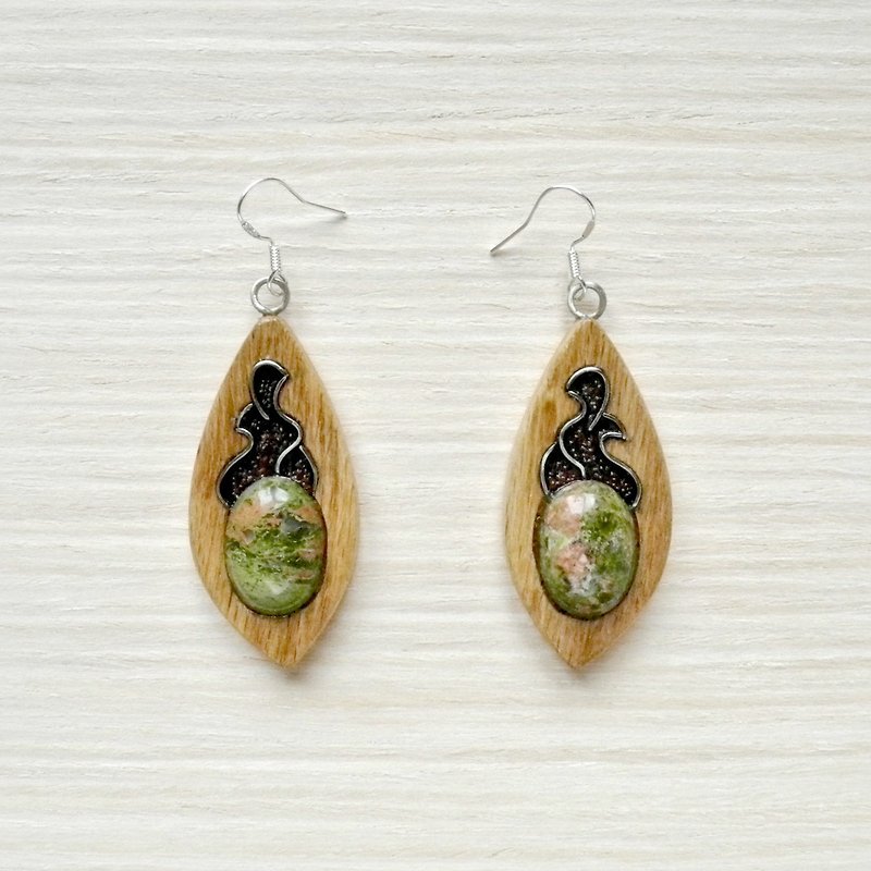 Wooden teardrop earrings with jasper - Earrings & Clip-ons - Wood Multicolor