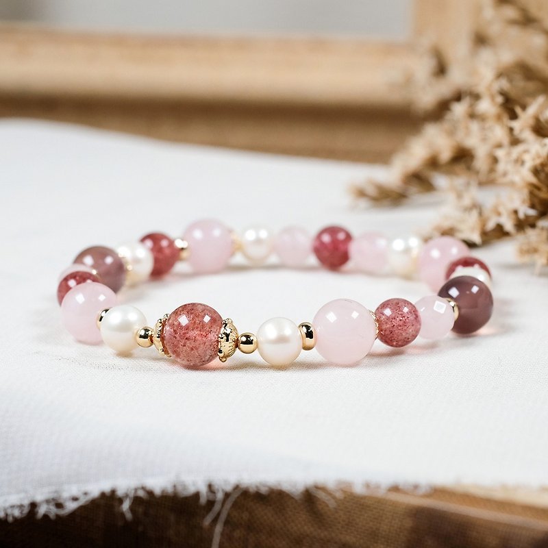 寶石 手鍊/手環 粉紅色 - 草莓晶 粉晶 紫玉髓 珍珠 手鍊 天然礦石水晶