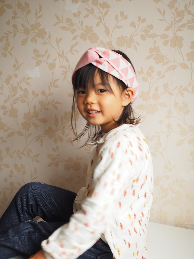 英國布料 粉色北歐三角圖案鬆緊髮帶 客製長度 適合大人小孩 - 嬰兒帽/髮帶 - 棉．麻 粉紅色