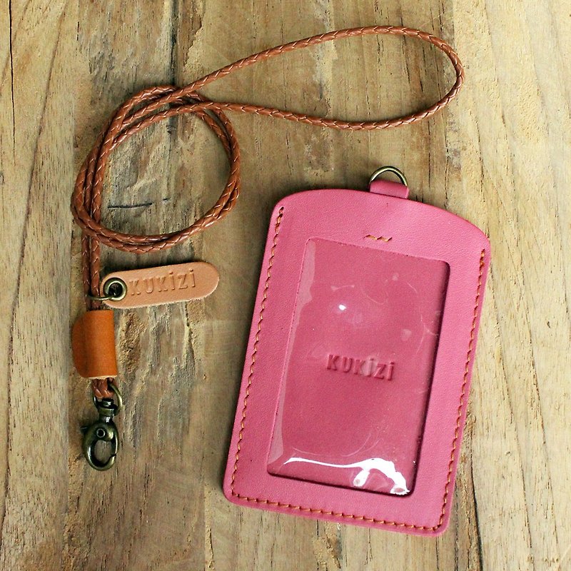 ID case/ Pass case/ Card case - ID 2 - Pink+Tan Lanyard (Genuine Cow Leather) - ที่ใส่บัตรคล้องคอ - หนังแท้ 