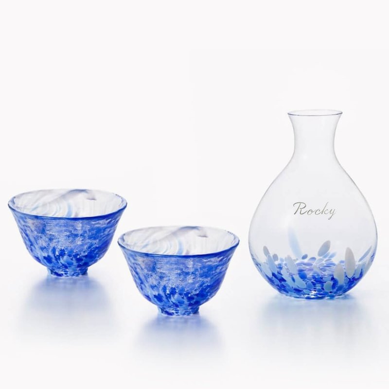 (3件套組)【日本津輕】岩清水一壺兩杯 - 酒杯/酒器 - 玻璃 藍色