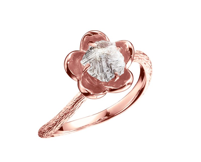 Raw diamond plum engagement ring 14k gold-Flower ring w/ rough uncut gemstone