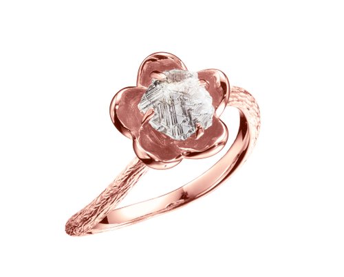 Majade Jewelry Design 鑽石原石14k金梅花求婚戒指 植物原礦訂婚戒指 立體花朵單石戒指