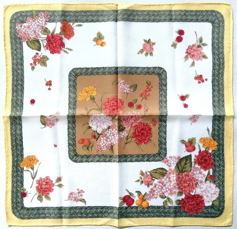 Burberrys Vintage Handkerchief – Floral Frame with Rope ฺBorder x 18.5 inches - 絲巾 - 棉．麻 咖啡色