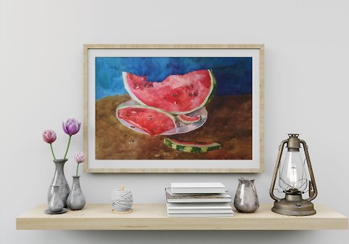 ArtLizzi 西瓜原畫水彩藝術品水果畫廚房裝飾