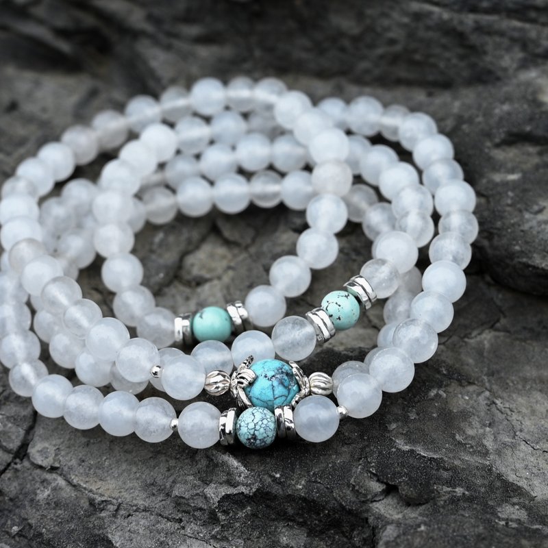 Lanjin Hubei Turquoise White Marble Natural Stone 925 Sterling Silver Crystal 108 Rosary Beads Bracelet - สร้อยข้อมือ - เครื่องเพชรพลอย ขาว