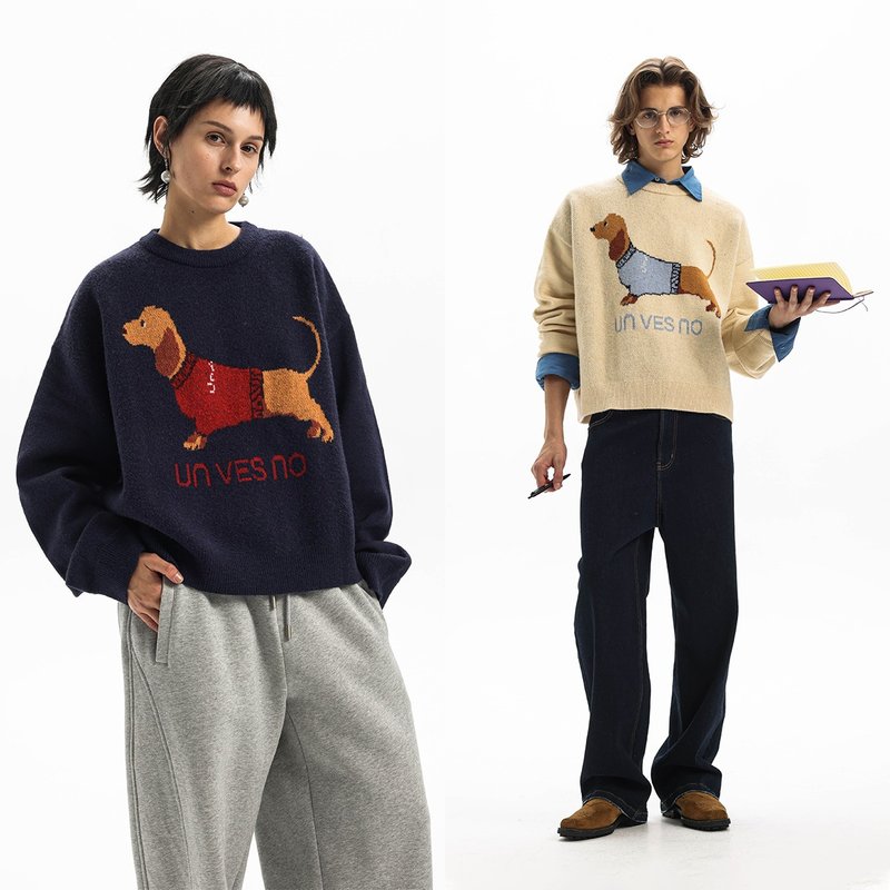 [Hand-painted jacquard] Unvesno (UN) vintage fun dachshund puppy round neck men's and women's knitted sweater - Men's Sweaters - Other Materials 