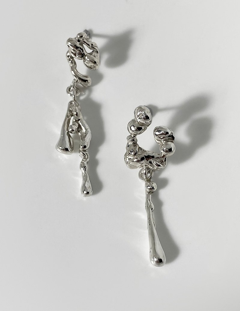 Drip earring / 淌 不對襯垂墜耳飾 (一對) - 耳環/耳夾 - 純銀 銀色