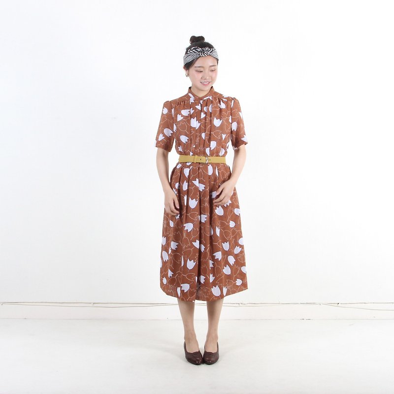(Egg plants vintage) geometric flower print short-sleeved vintage dress - One Piece Dresses - Polyester Brown