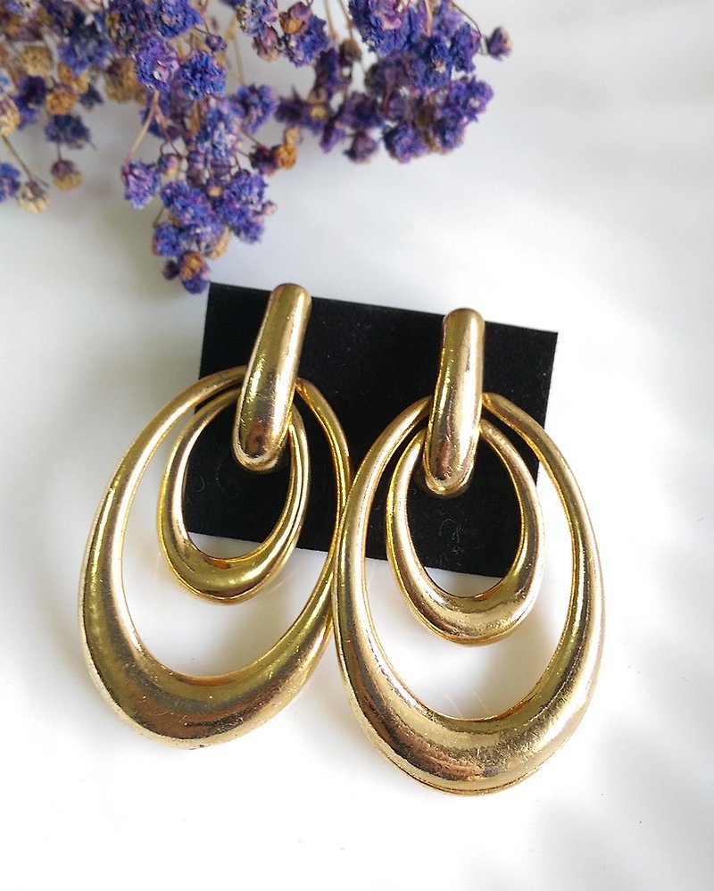[Western antique jewelry / old age] 1980s generously dropped metal needle earrings - ต่างหู - โลหะ สีทอง
