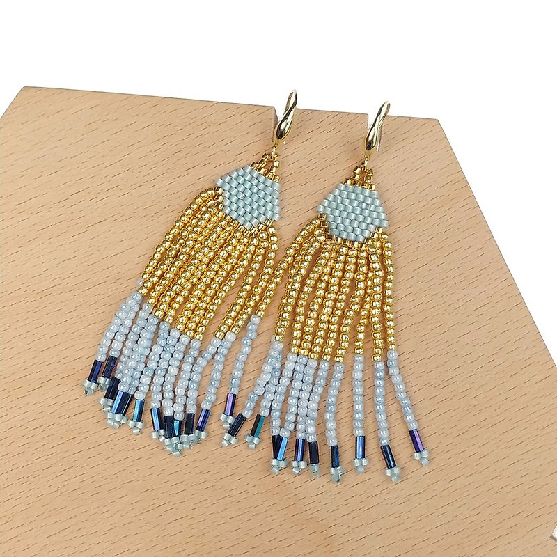 Gold-Light-Blue Waterfall Beaded Tassel Earrings - ต่างหู - วัสดุอื่นๆ สีทอง