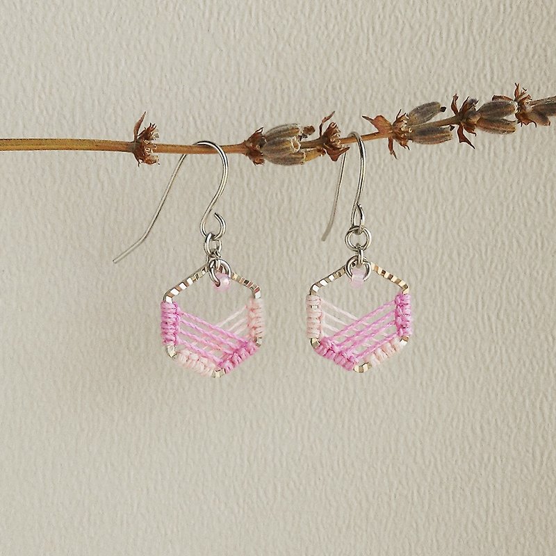 Hit color Honeycomb Macrame Earrings gradient-pink - Earrings & Clip-ons - Cotton & Hemp Pink