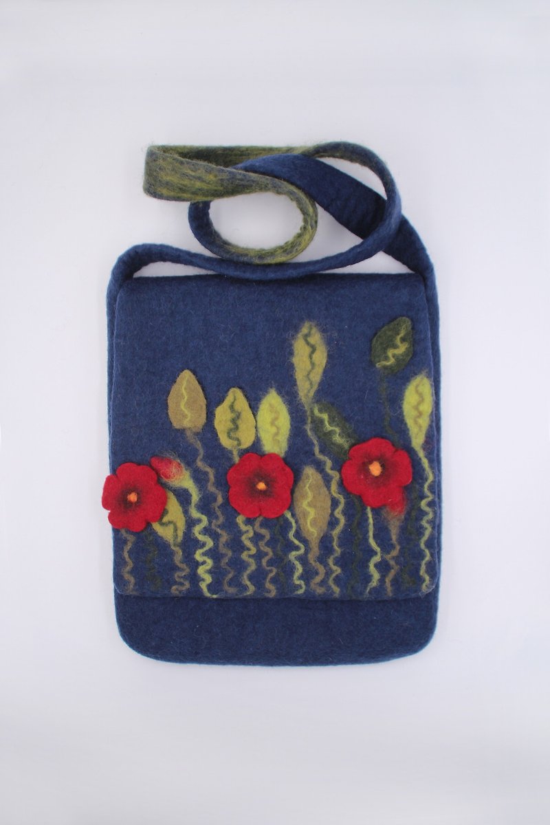 羊毛毡虞美人单肩包斜挎包 文艺范女士包袋 时尚羊毛包原创设  Poppy meadow, wool felt bag from Nepal, felted  - Messenger Bags & Sling Bags - Wool Blue
