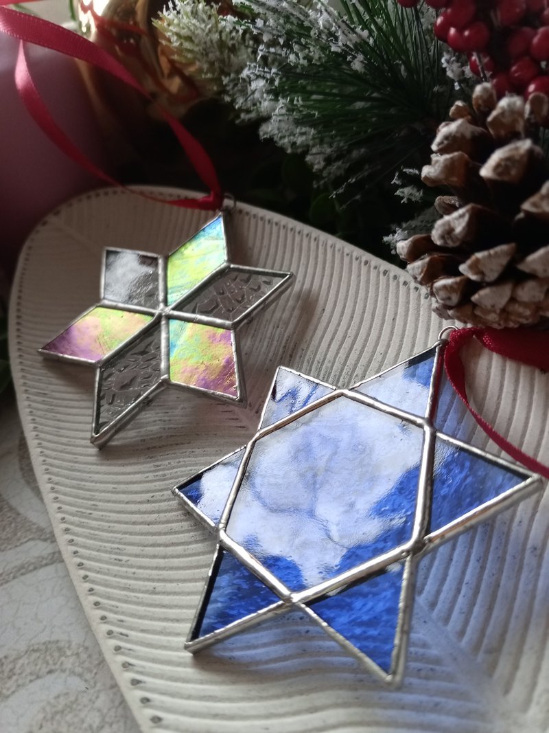 Set of 2 snowflake suncatchers merkaba christmas ornaments, simple stained glass - 其他 - 玻璃 多色