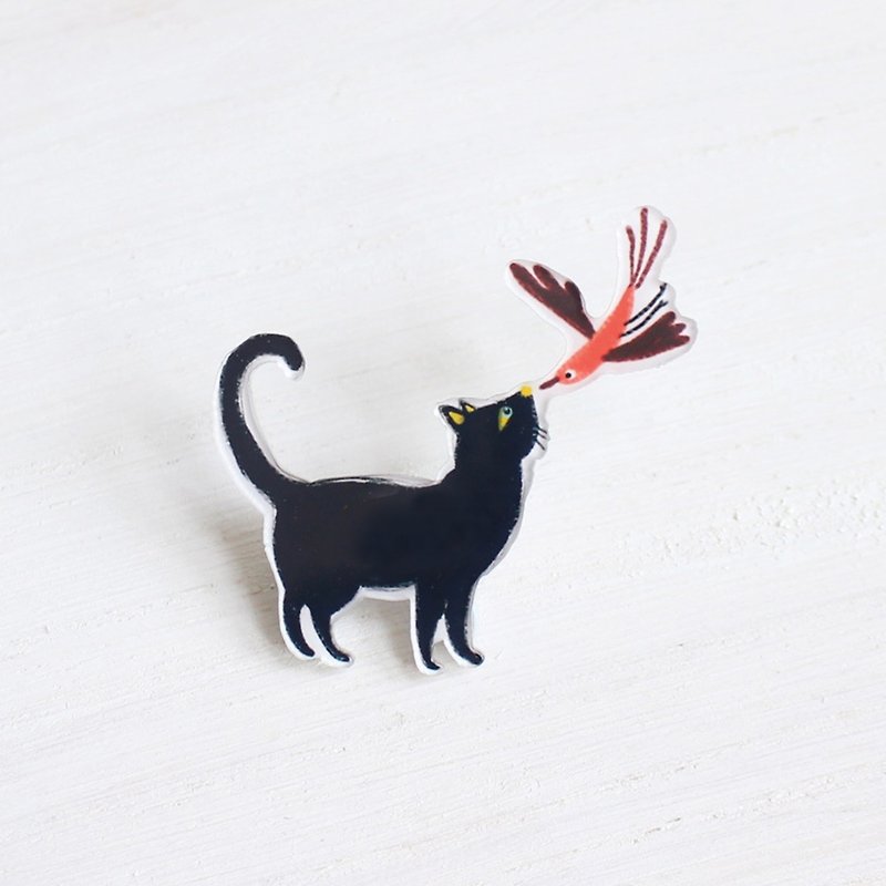 Black Cat & Bird fall in love small badge / pin I Cat Lover - เข็มกลัด/พิน - อะคริลิค สีดำ
