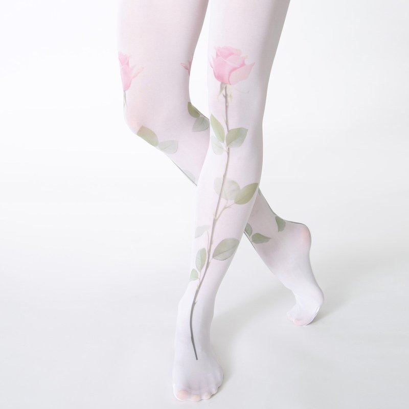 Pink rose floral pantyhose, plus size clothing - 內搭褲/緊身褲 - 尼龍 白色