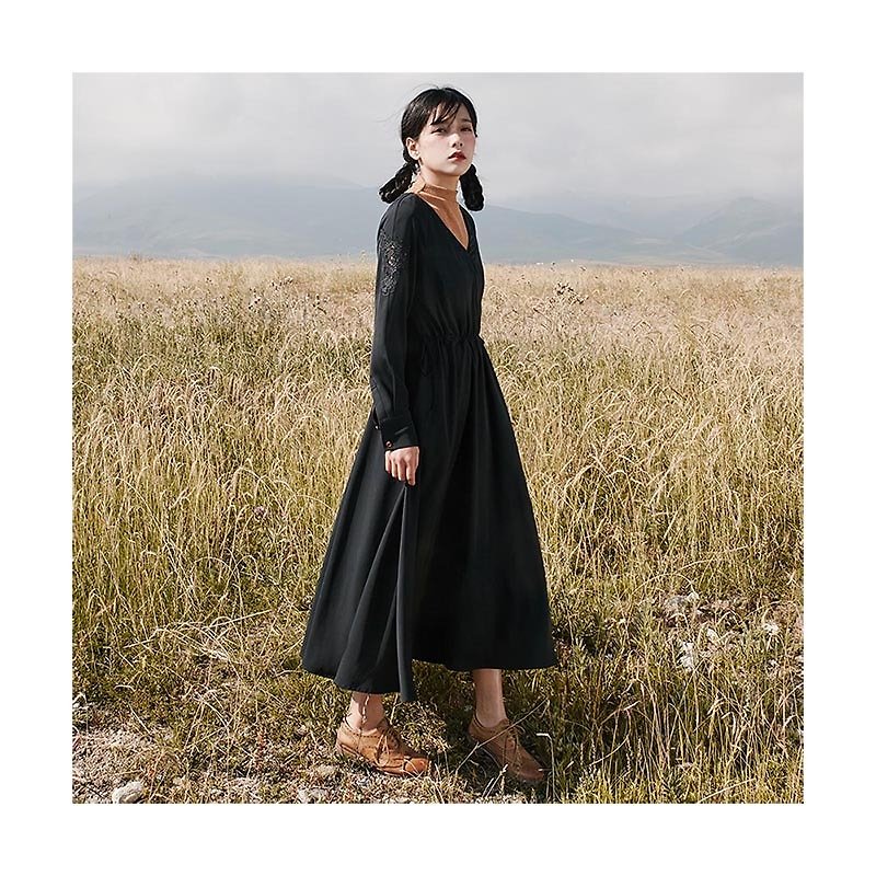 Anne Chen 2017 autumn new ladies fake two drawstring dress dresses - ชุดเดรส - ผ้าฝ้าย/ผ้าลินิน สีดำ