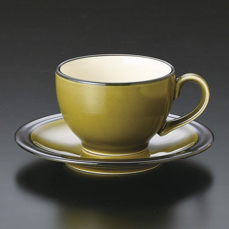 Mino-yaki-bright glazed black rim coffee cup and plate set-olive green/navy blue - Mugs - Porcelain Khaki
