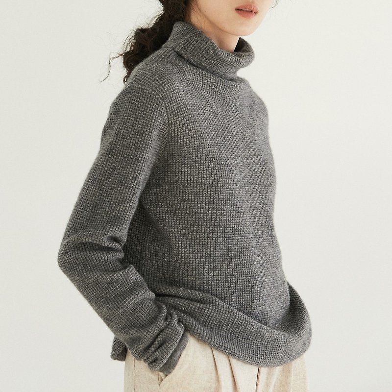Medium Grey Gentle Waffle Cashmere Wool Blend Sweater Cashmere Australian Wool Turtleneck Sweater - Women's Sweaters - Wool Gray