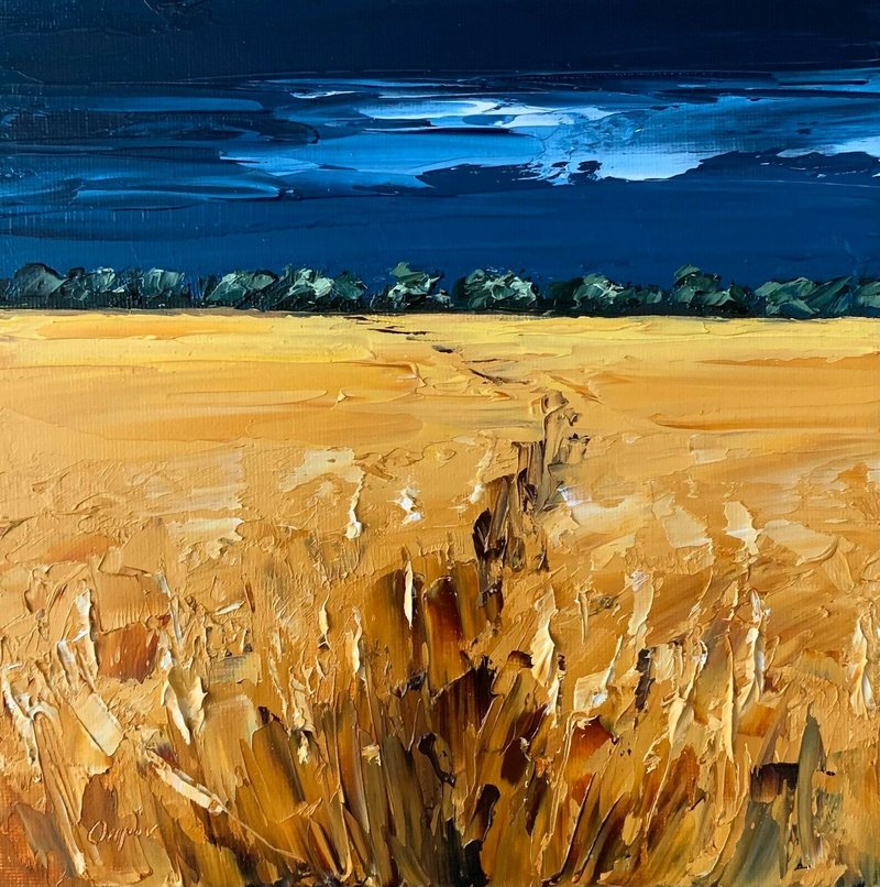 Original Yellow Field Landscape Night Oil Painting On Canvas Textured Impasto - 壁貼/牆壁裝飾 - 棉．麻 多色