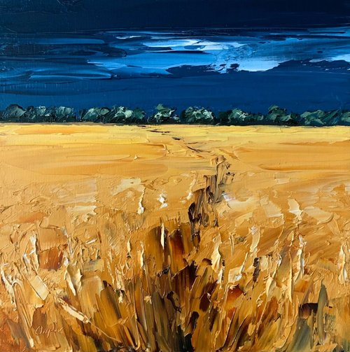 OsipovArtStudio Original Yellow Field Landscape Night Oil Painting On Canvas Textured Impasto