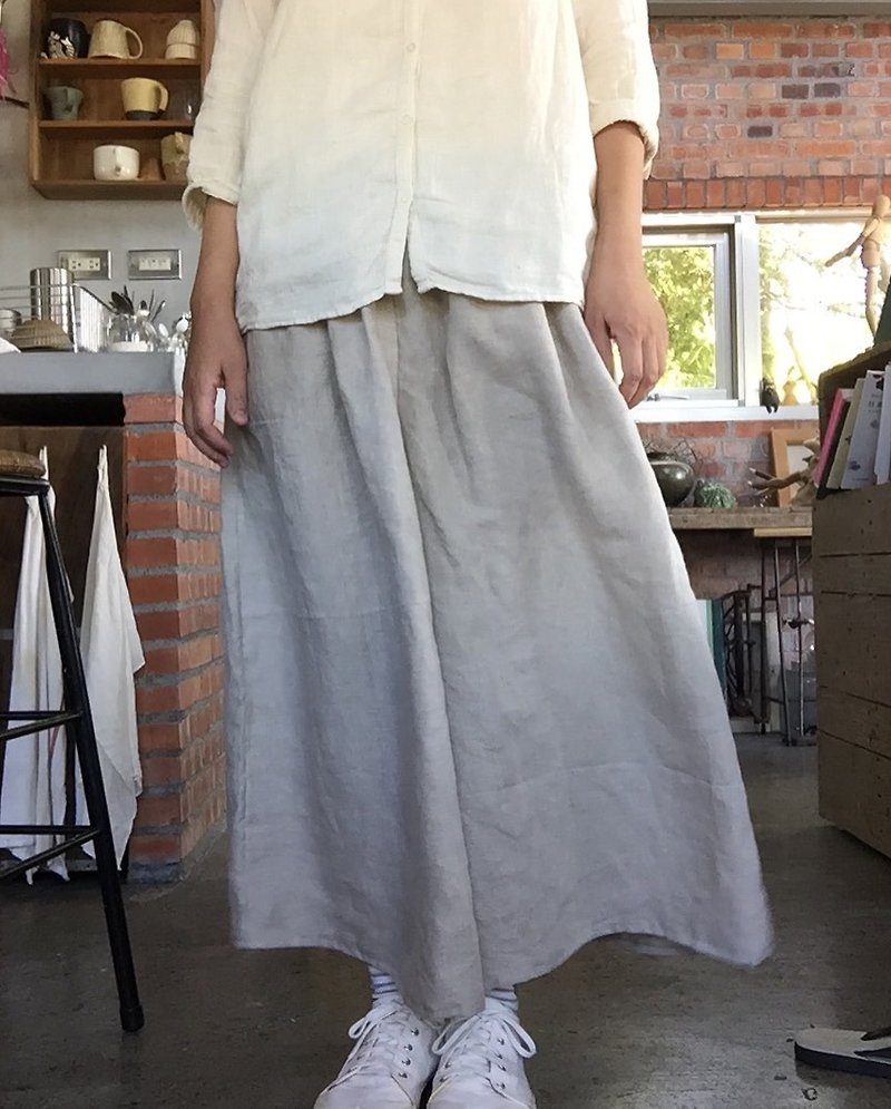 Thin Linen rain dew Linen pocket wide culottes - กางเกงขายาว - ผ้าฝ้าย/ผ้าลินิน สีกากี