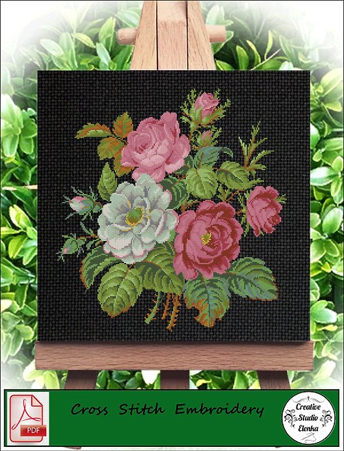 CreativeStudioElenka Vintage Cross Stitch Scheme Roses and camellias 2 - PDF Embroidery Scheme