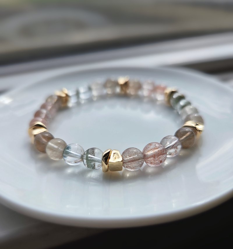 クリアラビットヘアルチルクォーツ ハーフレッドファントムクォーツ クリスタルブレスレット - ブレスレット - 宝石 ピンク