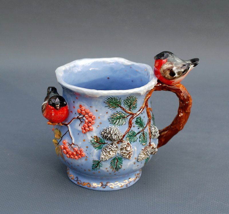 Blue Porcelain Art mug Birds figurines Rowan pine berries decor Bullfinch - 咖啡杯/馬克杯 - 瓷 多色