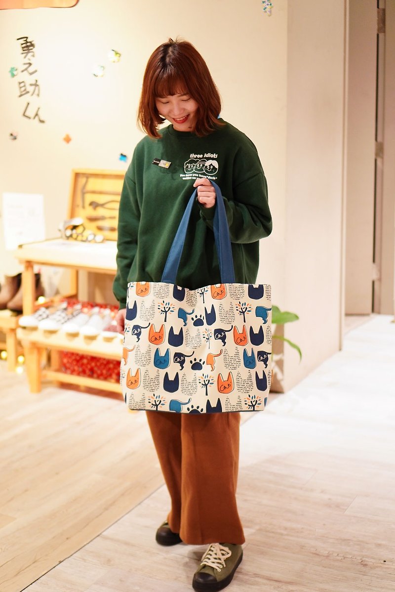The most practical large shopping bag, cat canvas picture, the floral fabric is out of stock. Send a private message to select the floral fabric for customization. - กระเป๋าถือ - ผ้าฝ้าย/ผ้าลินิน สีน้ำเงิน